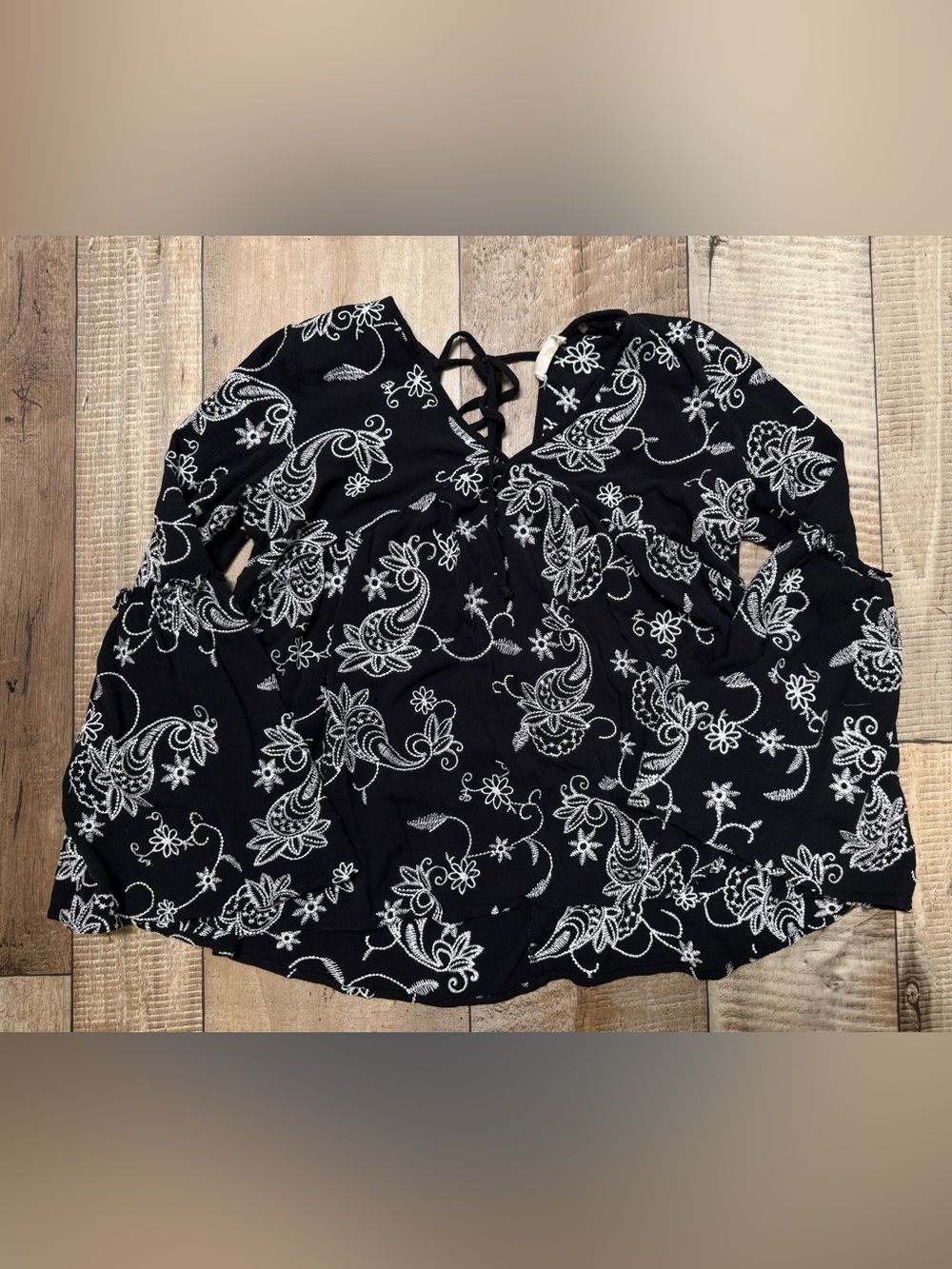 Altar'd State Black V-Neck Peasant Top with White Floral Embroidery